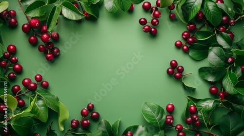 Fresh red cherries with lush green leaves against a vibrant green background with copy space.