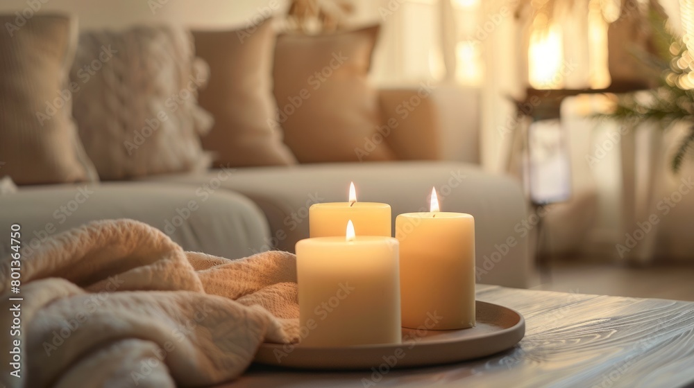 Candles flickering on a coffee table