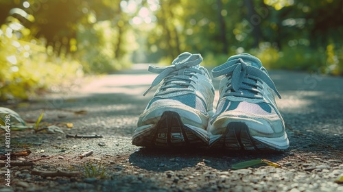 A pair of running shoes on a path in the woods photo