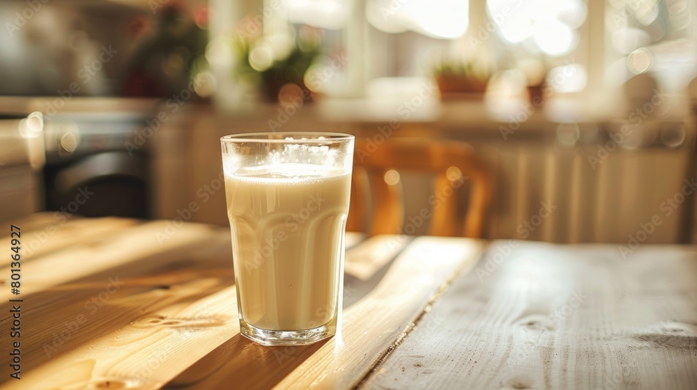 A glass of milk sits on a table in the kitchen A glass of milk sits on a table in the kitchen