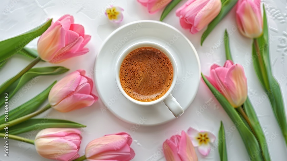 Cup of coffee with pink tulips on white background top view Cup of coffee with pink tulips on white background top view