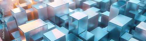 3D rendering of blue and gray cubes of different sizes with a shiny reflective surface photo