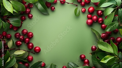 Vibrant image of red cherry plums with green leaves on a green background, providing ample copy space.