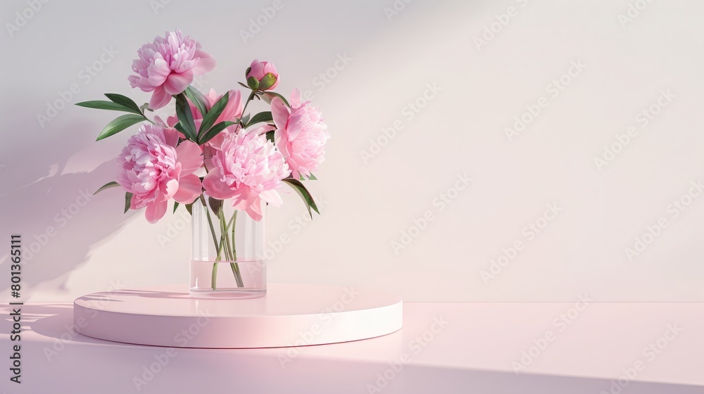 Pink round podium with pink peonies bouquet in glass vase soft
