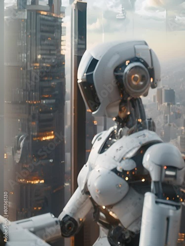 A female robot is looking out the window of a skyscraper.