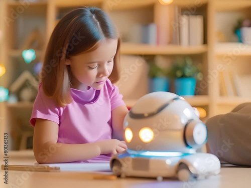 A girl is sitting at a table with a robot toy. She is smiling and looking at the robot.