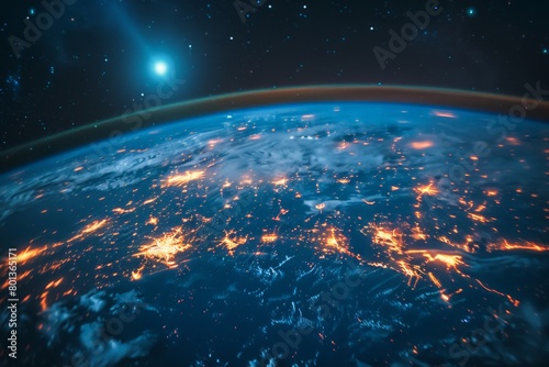 A satellite image of the Earth at night, with city lights illuminating continents, showcasing the interconnectedness of human civilization 