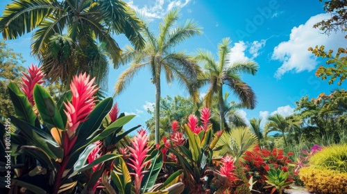 Tropical paradise. palm trees  exotic flowers  vibrant landscapes in natural beauty
