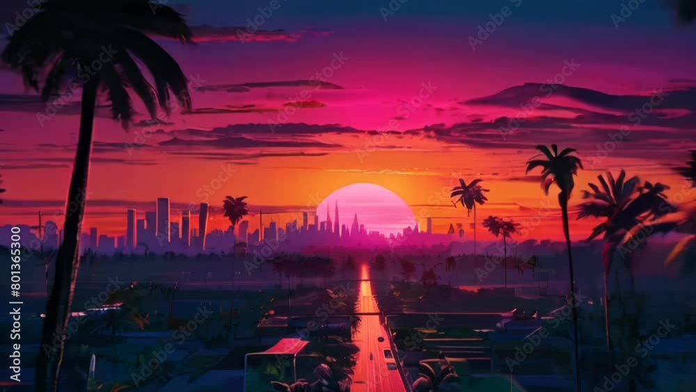 Silhouette city illuminated by sunset and straight through the city with retro vibes and synthwave style.