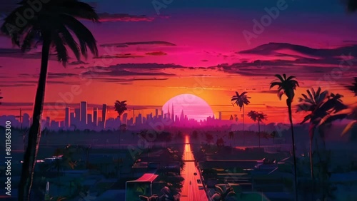Silhouette city illuminated by sunset and straight through the city with retro vibes and synthwave style. photo