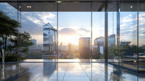 Commercial office building, glass curtain wall, sunlight, urban skyline