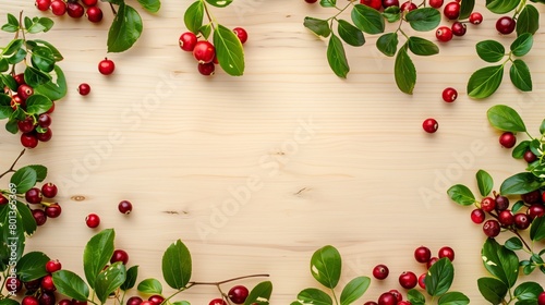 Fresh cranberries with lush green leaves are elegantly arranged around the edges of a light wooden surface.