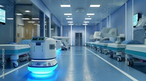 High-tech cleaning robots autonomously sanitizing operating theaters, maintaining sterile conditions for surgical procedures. photo
