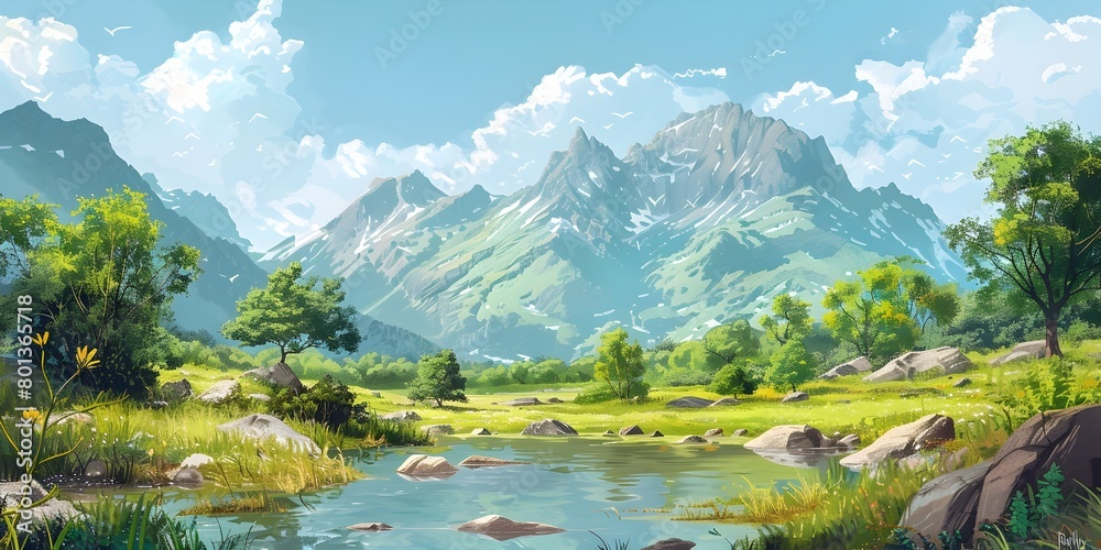 Picturesque Mountain Landscape with Flowing River and Lush Foliage