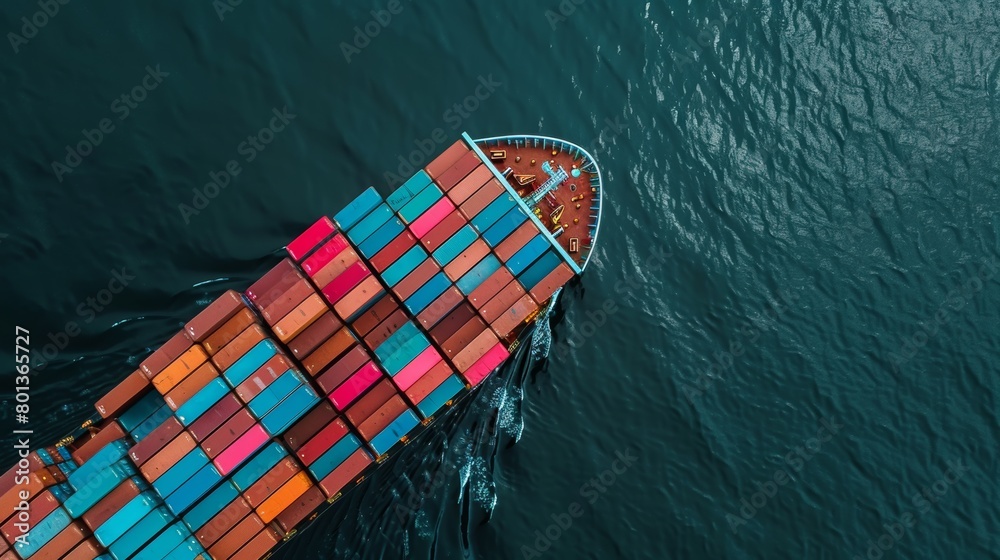 Aerial View of Colorful Container Ship on the Ocean
