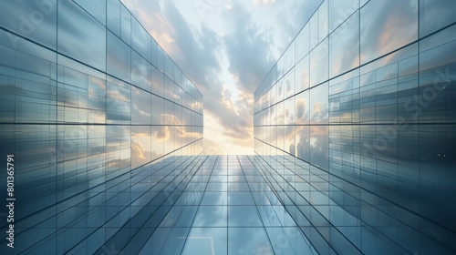 Commercial office building, glass curtain wall, sunlight, urban skyline