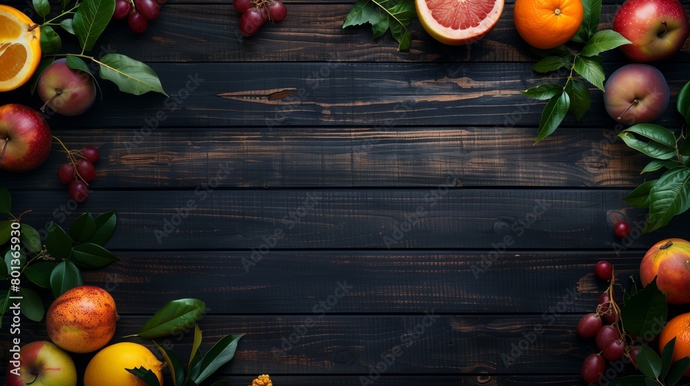 A variety of fresh fruits neatly arranged on a dark wooden background with ample copy space. A variety of fresh fruits neatly arranged on a dark wooden background with ample copy space.