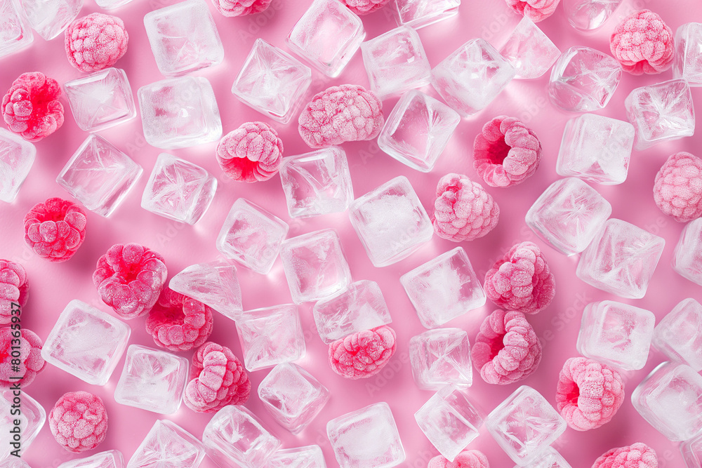 A refreshing display of ice cubes and frost covered raspberries, artistically spread on a blush pink background, ideal for summertime visuals. A refreshing display of ice cubes and frost covered raspberries, artistically spread on a blush pink background, ideal for summertime visuals.