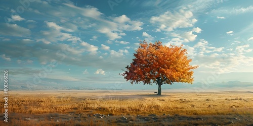 Vibrant Autumn Landscape with Solitary Tree in Golden Meadow Under Dramatic Cloudy Sky