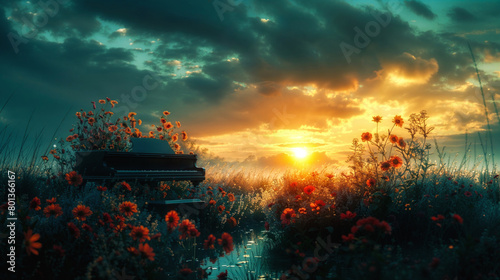 Serene sunset piano in wildflower field