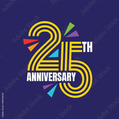 25th anniversary logo with golden color text and celebration elements on blue background. 25 Years birthday template, badge, sticker, poster, banner, invitation, wedding, jubilee and greeting card.