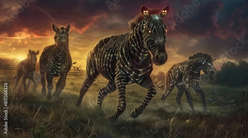 A herd of cybernetic zebras gallop across the savanna