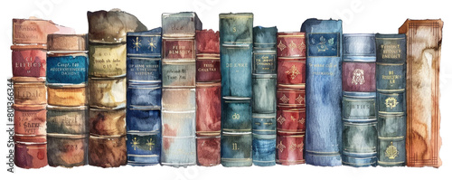 A line of vintage, worn-out books depicted in delicate watercolors