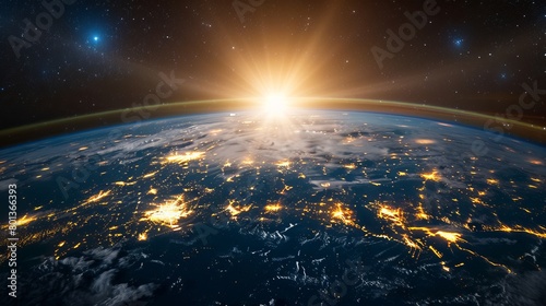 Highly detailed portrayal of planet Earth at night, illuminated by the rising sun and city lights, surrounded by a luminous network.