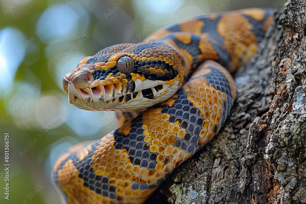Boa Constrictor: Wrapped around a tree trunk with muscular body, illustrating strength Boa Constrictor: Wrapped around a tree trunk with muscular body, illustrating strength