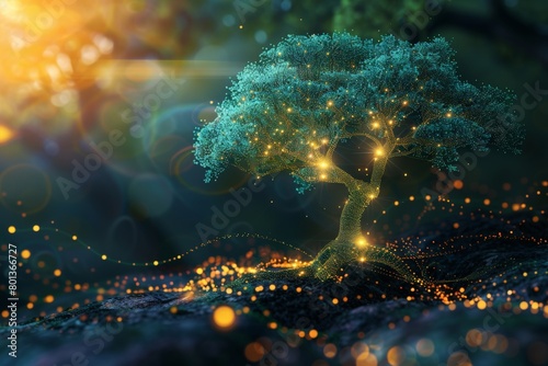 A tree with glowing leaves and branches, representing a blockchain network growing and expanding 
