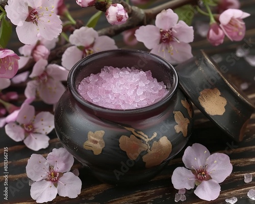 Cosmetic jar adorned with pink sugar and small, vibrant flowers