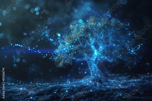 A tree with glowing leaves and branches, representing a blockchain network growing and expanding 