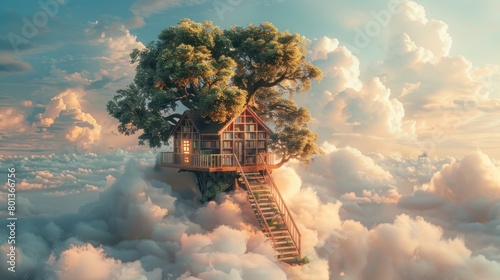 A treehouse in the clouds with a view of the sky photo