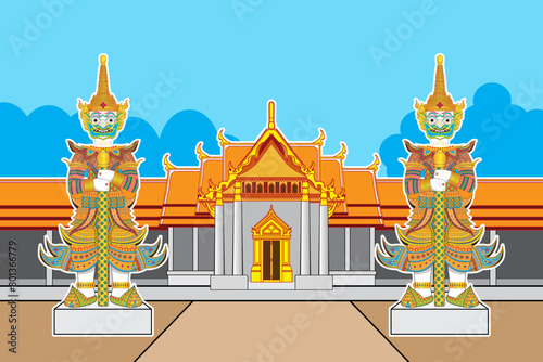 Thailand giant guard sculpture called YAK or Yaksa–Thai giant in Thailand Ramakien Ramayana Mahabharata literature with baton weapon background with Thai style temple colorful vector drawing photo