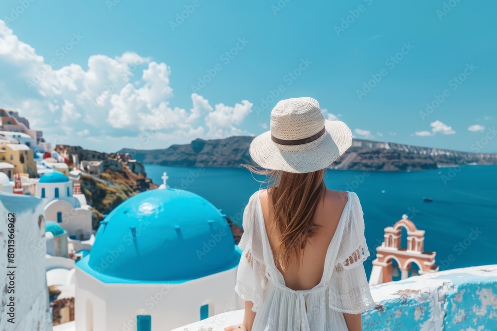 Obraz premium Beautiful girl on summer vacation enjoying the view of church in Oia village on Santorini island Greece