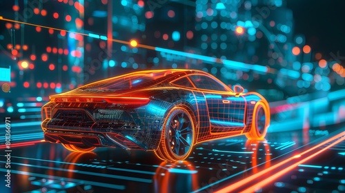 Illustration of a futuristic car intersecting with a wireframe in a digital user interface environment—portraying advanced technology. 3D Illustration © Khalida