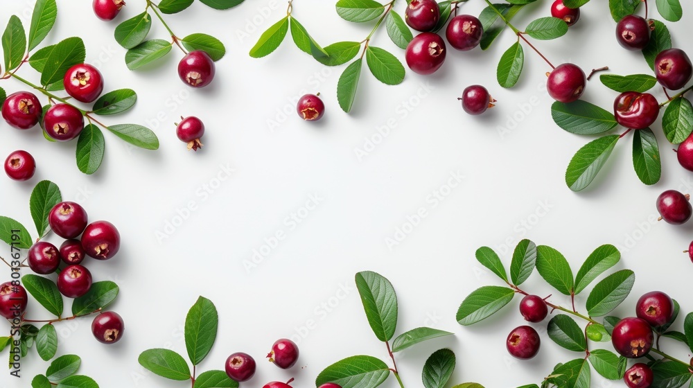 Bright red cherries with lush green leaves spread over a white background, offering ample copy space. Bright red cherries with lush green leaves spread over a white background, offering ample copy space.