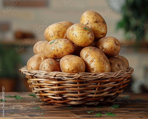 Fresh spuds stacked on a woven wicker holder 8K , high-resolution, ultra HD,up32K HD photo