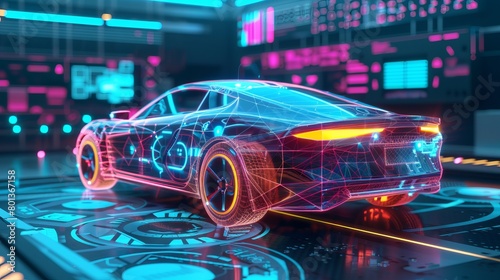 Illustration of a futuristic car intersecting with a wireframe in a digital user interface environment—portraying advanced technology. 3D Illustration