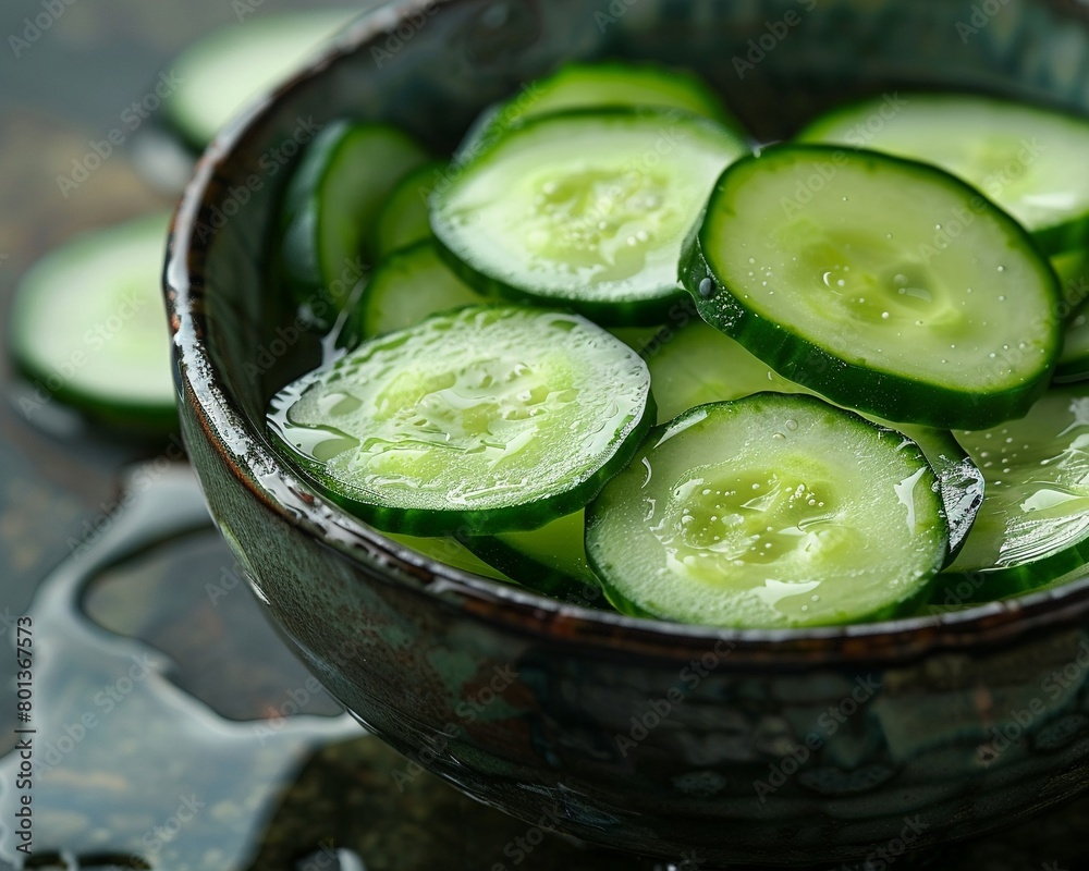 Sliced cucumbers placed in a bowl of water 8K , high-resolution, ultra HD,up32K HD Sliced cucumbers placed in a bowl of water 8K , high-resolution, ultra HD,up32K HD