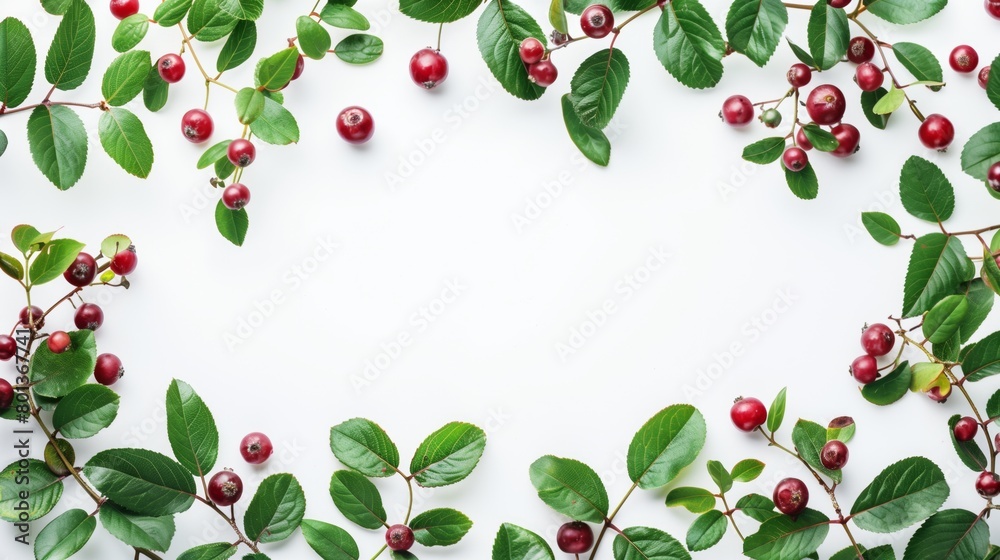 Elegant frame of fresh cherry branches with leaves and ripe red cherries on a white background. Elegant frame of fresh cherry branches with leaves and ripe red cherries on a white background.
