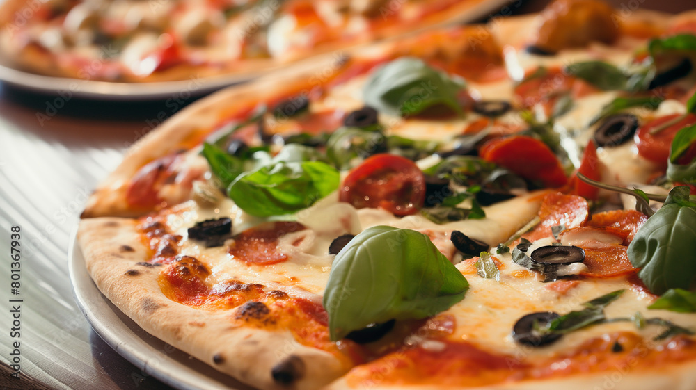 pizza decorative with fresh ingredients, Perfect lighting that emphasizes the attractiveness of the food , food photography collection of fast food theme pizza decorative with fresh ingredients, Perfect lighting that emphasizes the attractiveness of the food , food photography collection of fast food theme