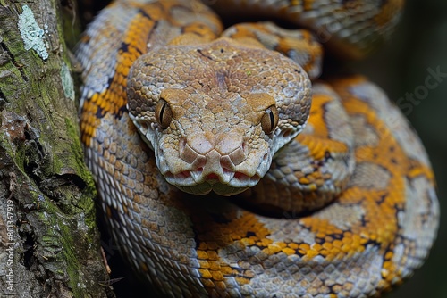 Boa Constrictor: Wrapped around a tree trunk with muscular body, illustrating strength