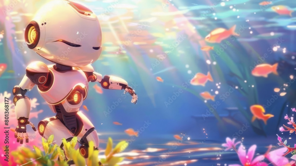 Fototapeta premium An illustration of a cute robot walking on the ocean floor