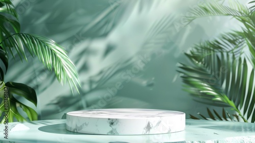 White marble podium with palm leaves on green background.