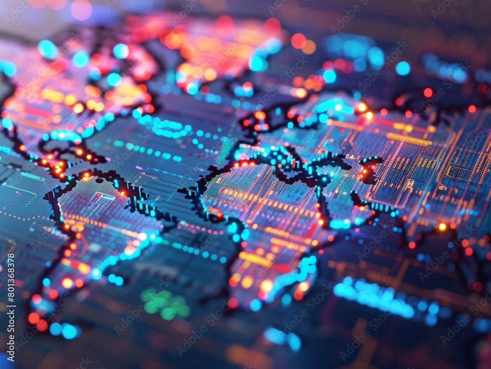 A world map comprised of interlocking puzzle pieces, glowing with data streams, representing a global blockchain network. A world map comprised of interlocking puzzle pieces, glowing with data streams, representing a global blockchain network.