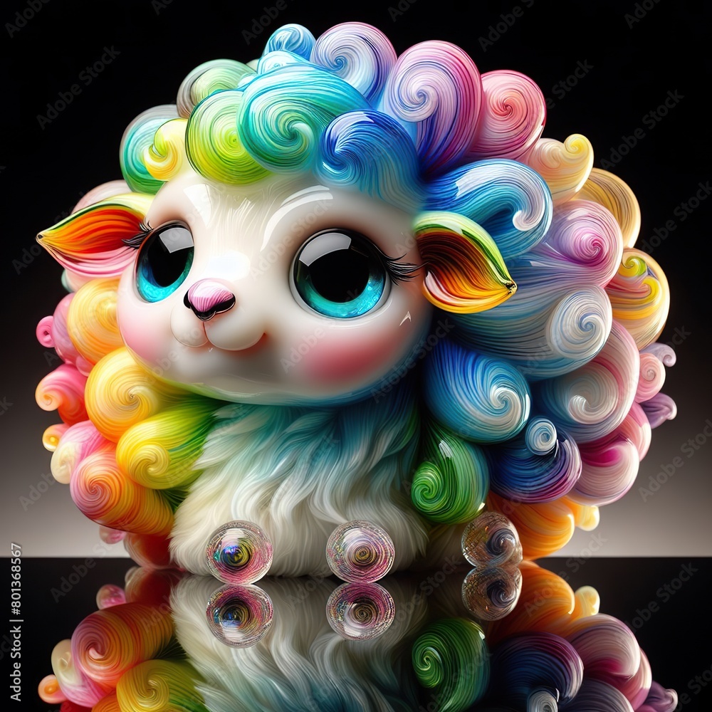 A stunning blown glass sculpture of a playful, fluffy lamb with seamlessly blended rainbow colors swirling through its fur