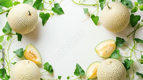 Fresh whole and sliced cantaloupe melons with green leaves on a light background, perfect as a healthy food concept. photo