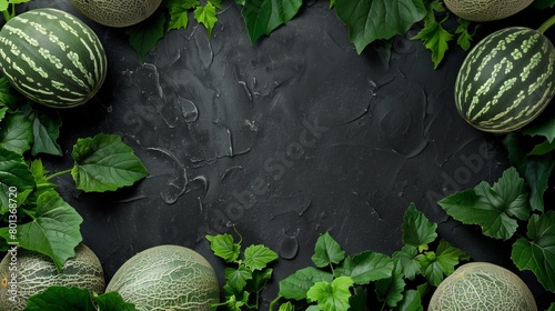 Lush frame of assorted melons and ivy leaves on a textured dark background with ample copy space. photo