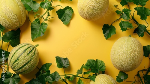 Fresh cantaloupe melons with green leaves on a vibrant yellow background, top view.